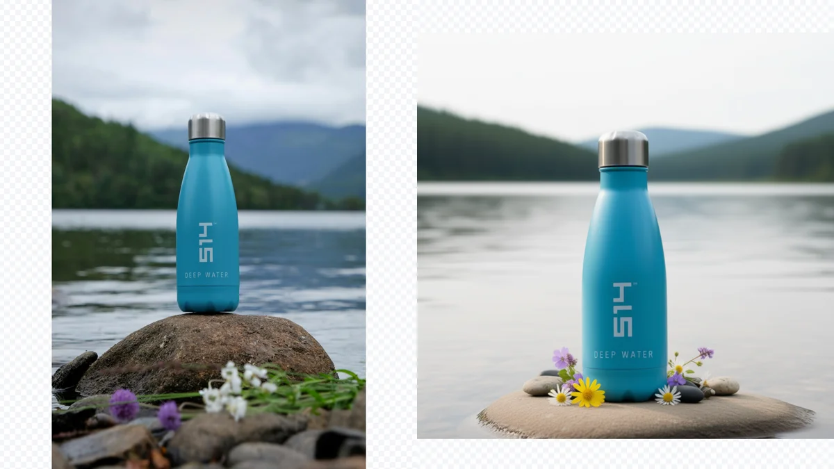 Claid AI Photoshoot — original product photo vs AI-generated outdoor lifestyle scene