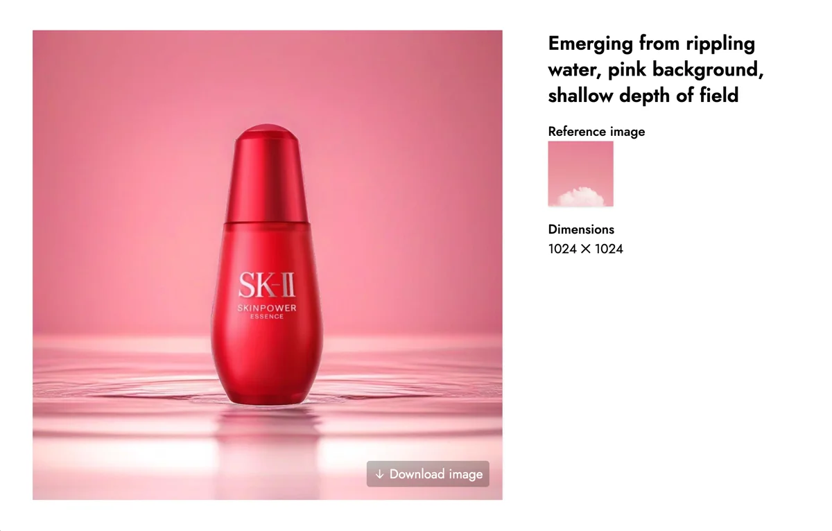 Pebblely — AI-generated product scene with prompt and reference image, SK-II serum on pink water surface