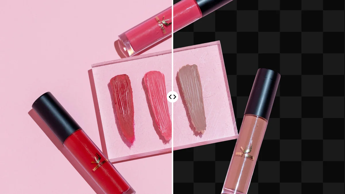 Pixelcut background removal — before/after slider showing lipstick product with pink background removed to transparent